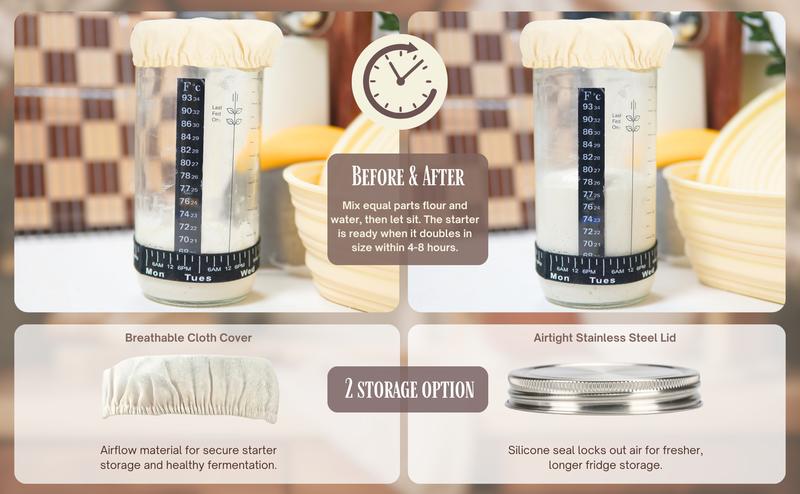 Sourdough Starter-To-Loaf Kit, Premium Silicone Oval & Round Bread Proofing Basket Set, Easy Baking Instructions, Complete Sourdough Kit, 34oz Sourdough Starter Jar With Accessories, Silicone Spatula, Danish Whisk, Dough Scraper, Scoring Knife, Bread Bags