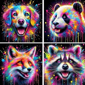 5D Diamond Painting Kit for Kids, 4-Pack Vibrant Paint Drip Animals, DIY Colorful Dog, Panda, Fox & Raccoon Craft Set for Trendy Bedroom Wall Decor & Gifts