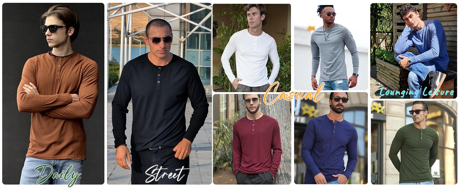 MUSCLE CMDR Men's Ribbed Slim Fit Long Sleeve Henley Shirt - Fitted Cotton Knit Basics Top, Button Detail, Father's Day Gift, Casual Menswear, Round Neck Male Clothing