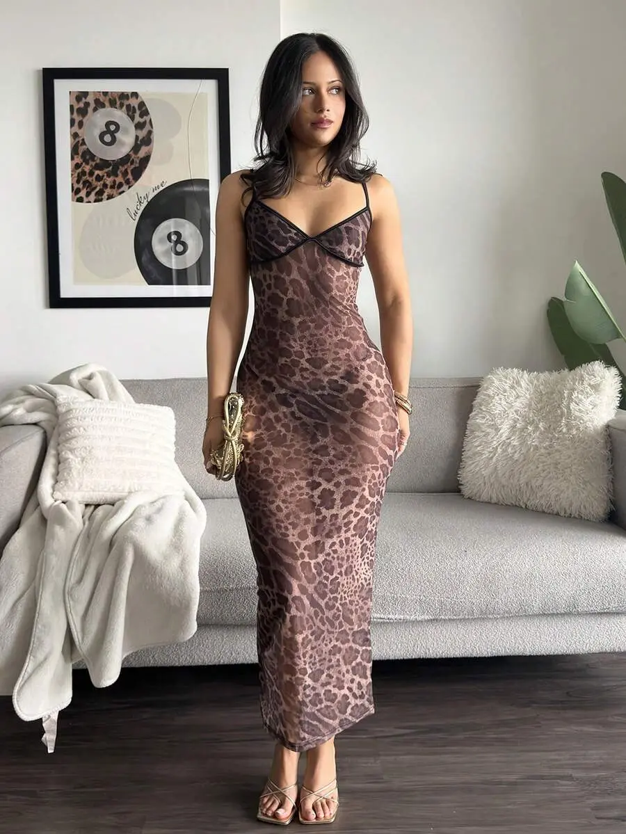 SLAYDIVA New Sexy Leopard Print Mesh Slip Dress, Skinny Fit, Long Style,Tea Party Dress Glamorous Sensual, Alluring Figure Flattering Summer Dresses For Women Bodycon Dress