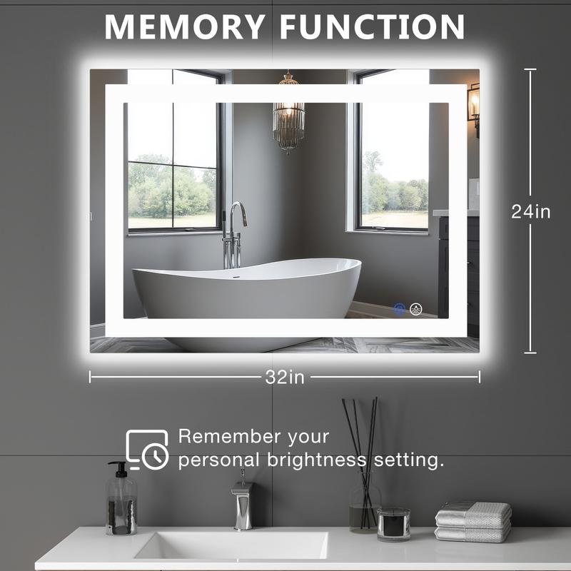 LED Bathroom Mirror with Lights, Anti-Fog Wall Mirror, Ligthed Dimmable Rectangle Bathroom Vanity Mirror with Front Light and Backlit, Memory Function
