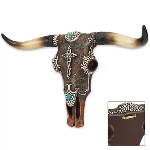 Leather Wrapped Longhorn Bull Skull with Ornamental Accents