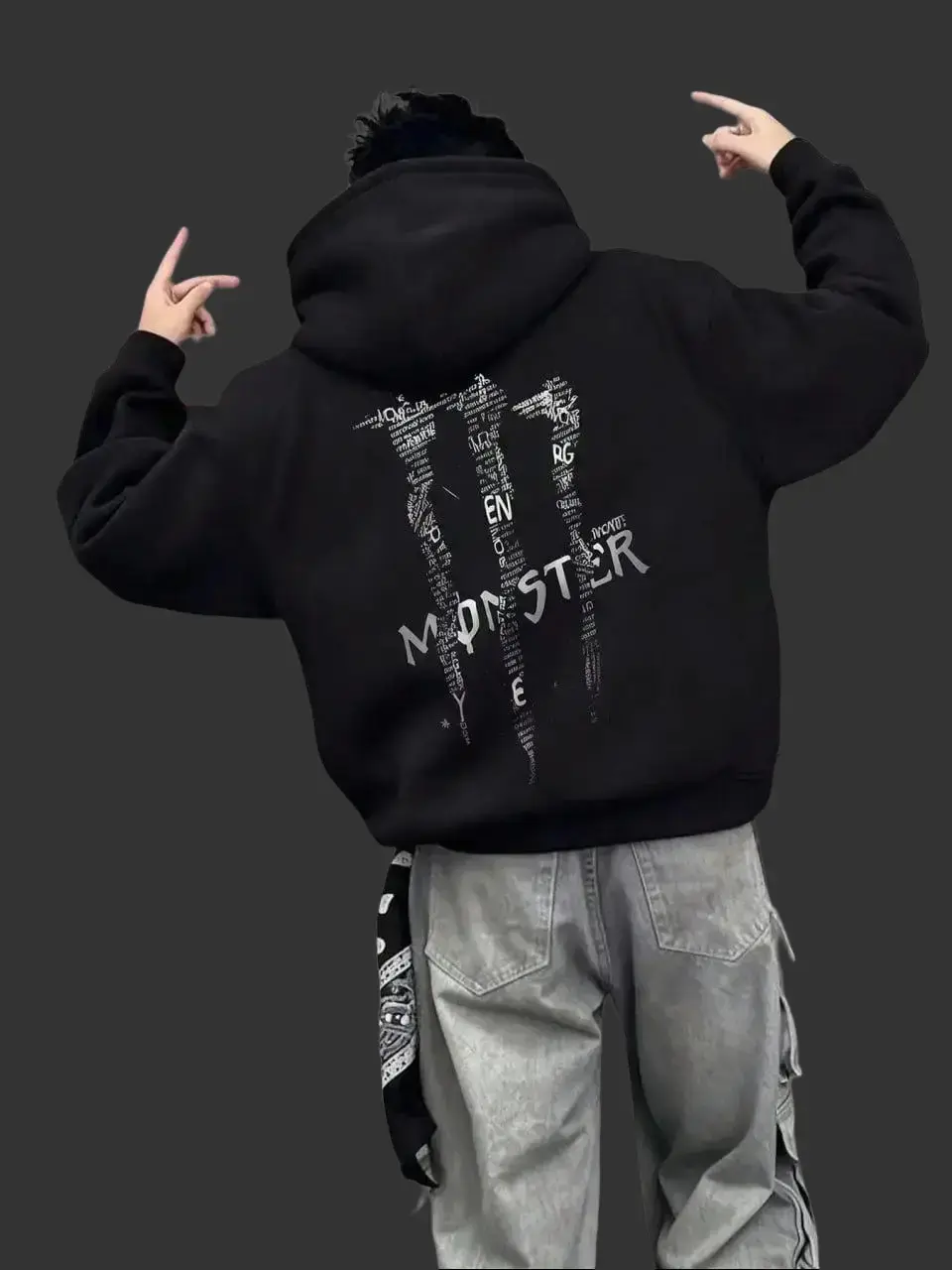 Monster Text Patchwork Graphic Hoodie | Heavyweight Fleece Streetwear Sweatshirt, Y2K Aesthetic Streetwear Oversized Sweatshirt