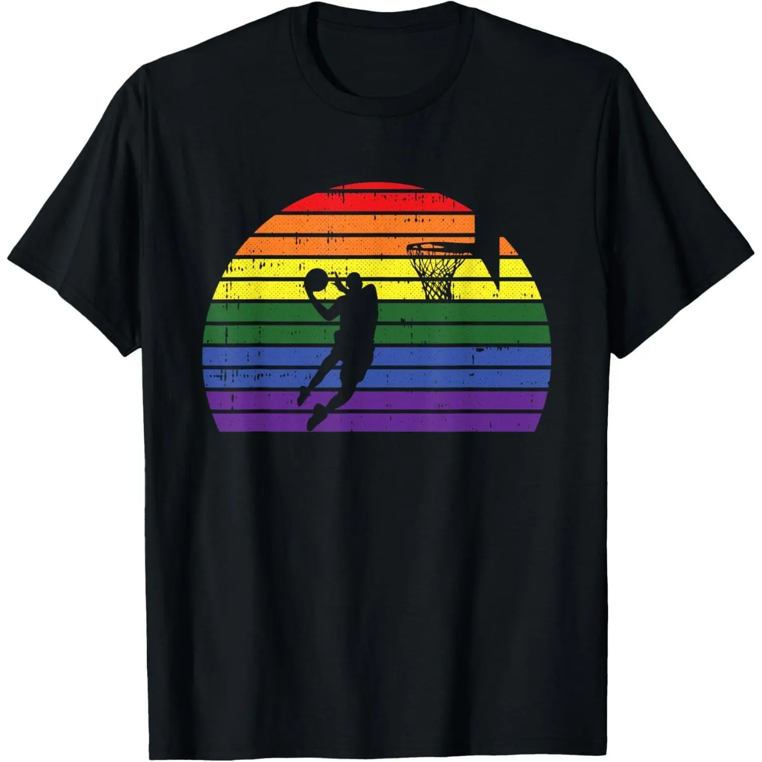 Vintage Rainbow Basketball Dunk Silhouette Tee, Pride Sports Lover Unisex Crew‑Neck Short‑Sleeve T‑Shirt Casual Classic Fabric Menswear Tops Soft Graphic Striped