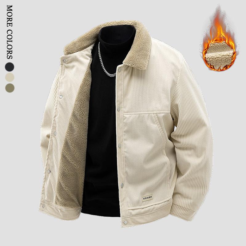 Men's Winter Corduroy Lined Fleece Collar Single Breasted Jacket - Thick Warm Coat with Ribbed Cuffs & Fashion Front Placket; Perfect for Outdoor Hiking, Jogging, Fishing, Gym Workouts or Casual Daily Wear; Fleece Lining Provides Windproof Structure.