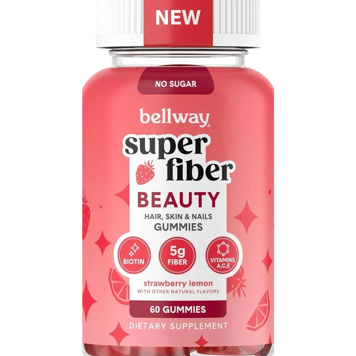 Bellway Super Fiber Gummies + Beauty – Sugar Free Fiber Supplement with Biotin & Vitamins A C E – Supports Digestive Health, Skin, Hair & Nails - 60 Count