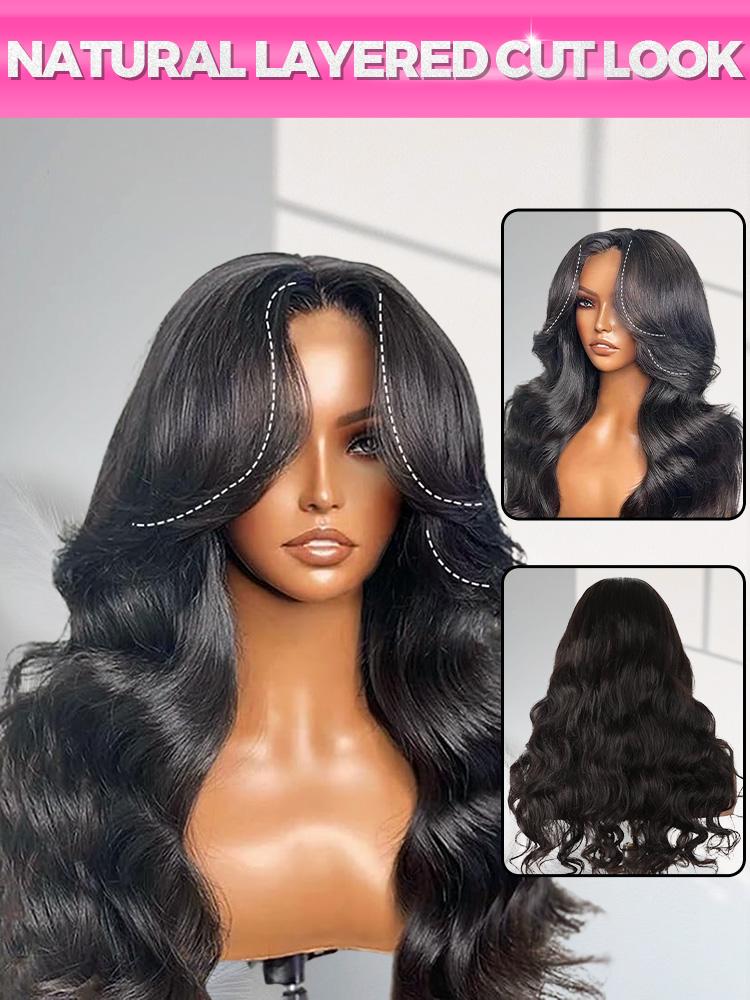 CurlyMe Layered Cut Pre-Bleached Body Wave 7x5 Pre-Cut HD Lace Wear Go Glueless Wigs