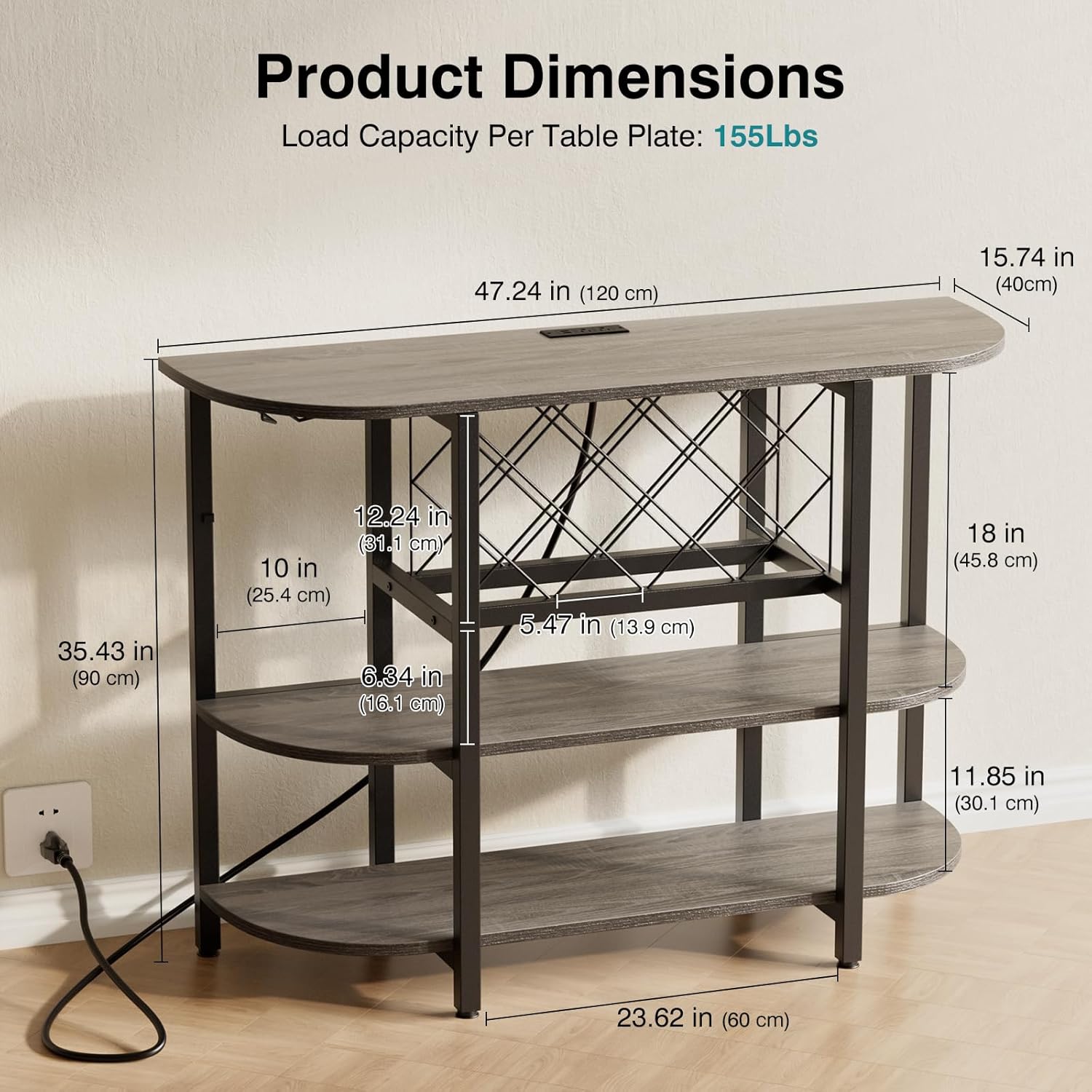 Wine Rack Table with LED Lights & Power Outlets, Floor Liquor Cabinet with Glass Holder, Adjustable Wine Storage, Coffee Bar Table Sideboard for Home, Rustic Brown/Gray