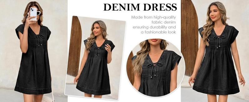 Imily Bela Womens Denim Mini Dress Casual Summer Cap Sleeve Tie V Neck Loose Babydoll Jean Dresses