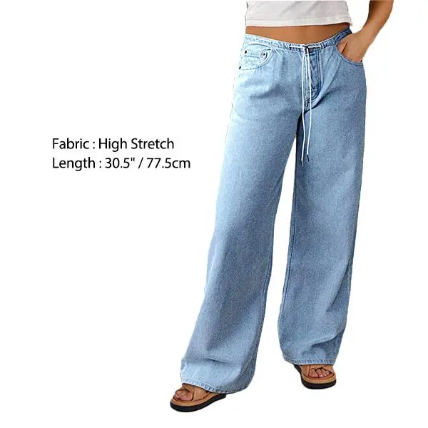 Flamingals Drawstring Adjustable Mid Waist Straight Leg Jeans