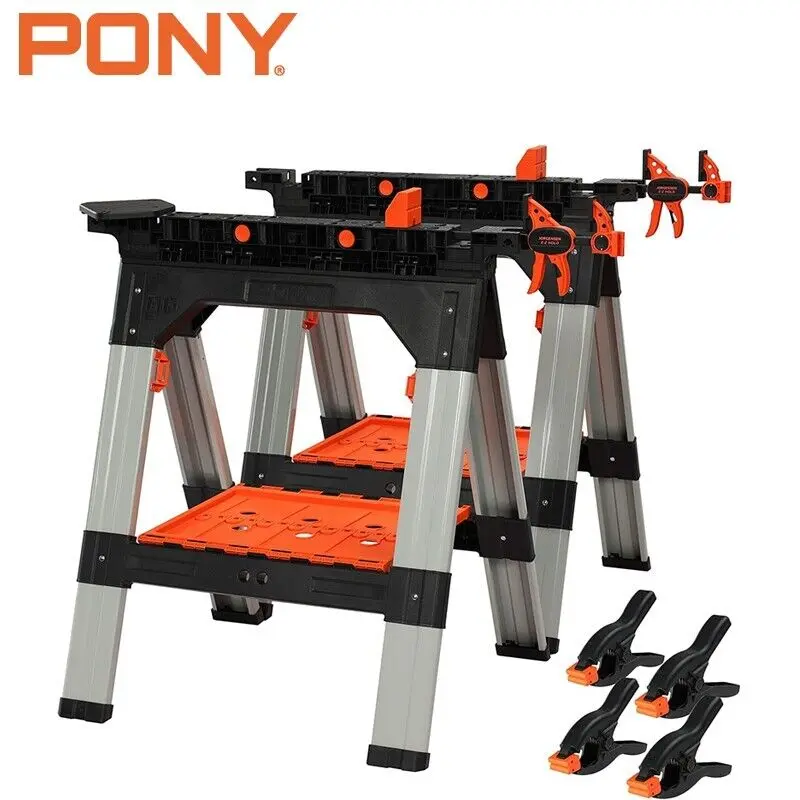#backtoschool PONY 2-Pack Clamping Sawhorses, 1200 LBS Load Capacity, 30-3/4" Folding Sawhorse with 12” F Clamps, Bench Dogs, Angle Clamps, 2" Spring Clamps, Steel Legs, Heavy Duty for Woodworking