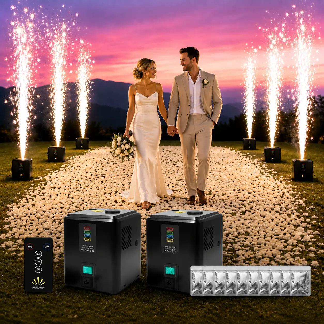 650W Power Cold Spark Machine (2-Pack) with 3-5m Spark Effect, DMX Remote Control Support, Lightweight Compact Design, 20-Second Overheat Protection, 10 Packs 50g Consumables for Weddings, Concerts