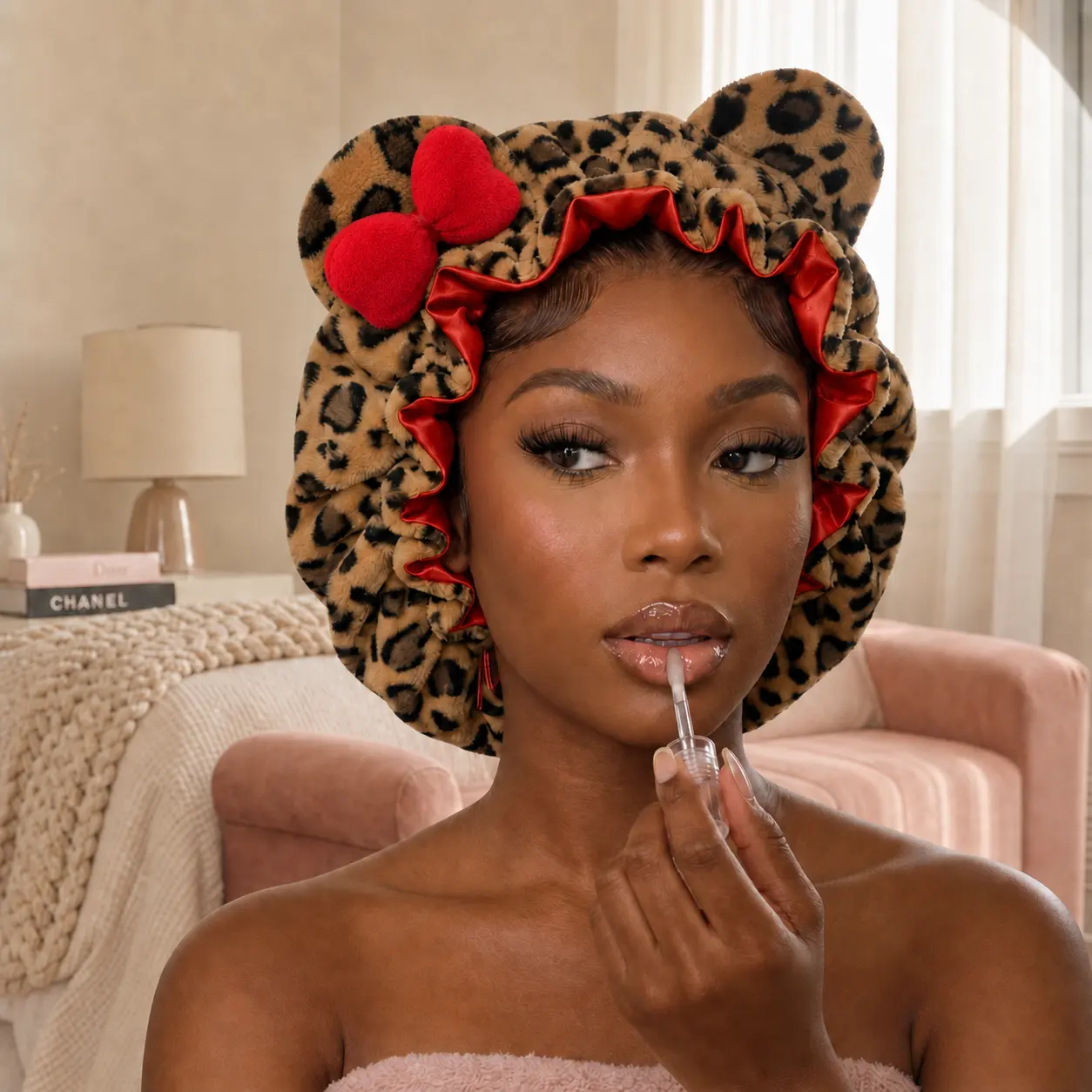Cute leopard print plush sleep cap with bear ears and a bow; women’s sleep cap with ruffle detailing and satin lining; anti frizz hair protection night cap; soft, stretchy headwear suitable for curly haired users during sleep, everyday beauty routines, an