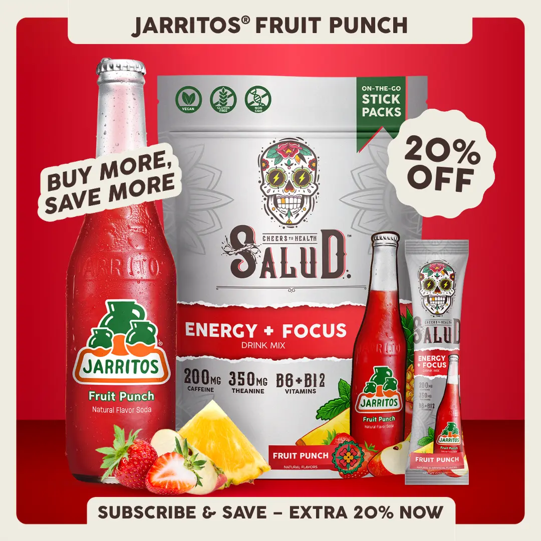 Salud x Jarritos 2-in-1 [Energy + Focus - Fruit Punch] Clean Energy Drink Mix, Agua Fresca, Organic Caffeine, B6 & B12, L-Theanine, Drink Packets, Non-GMO, Gluten Free, Vegan, Low Calorie, 1g Sugar (15 Servings)