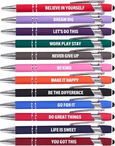 12 Pack Fine Point Smooth Writing Pens with Inspirational Tips, Black Ink, Touch Stylus Screens, Motivational Gift for Office & Desk Accessories