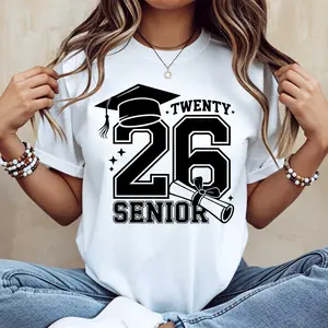 Graduation Cap Twenty 26 Senior Print T Shirt White Crewneck Casual Wear For Graduation Celebration