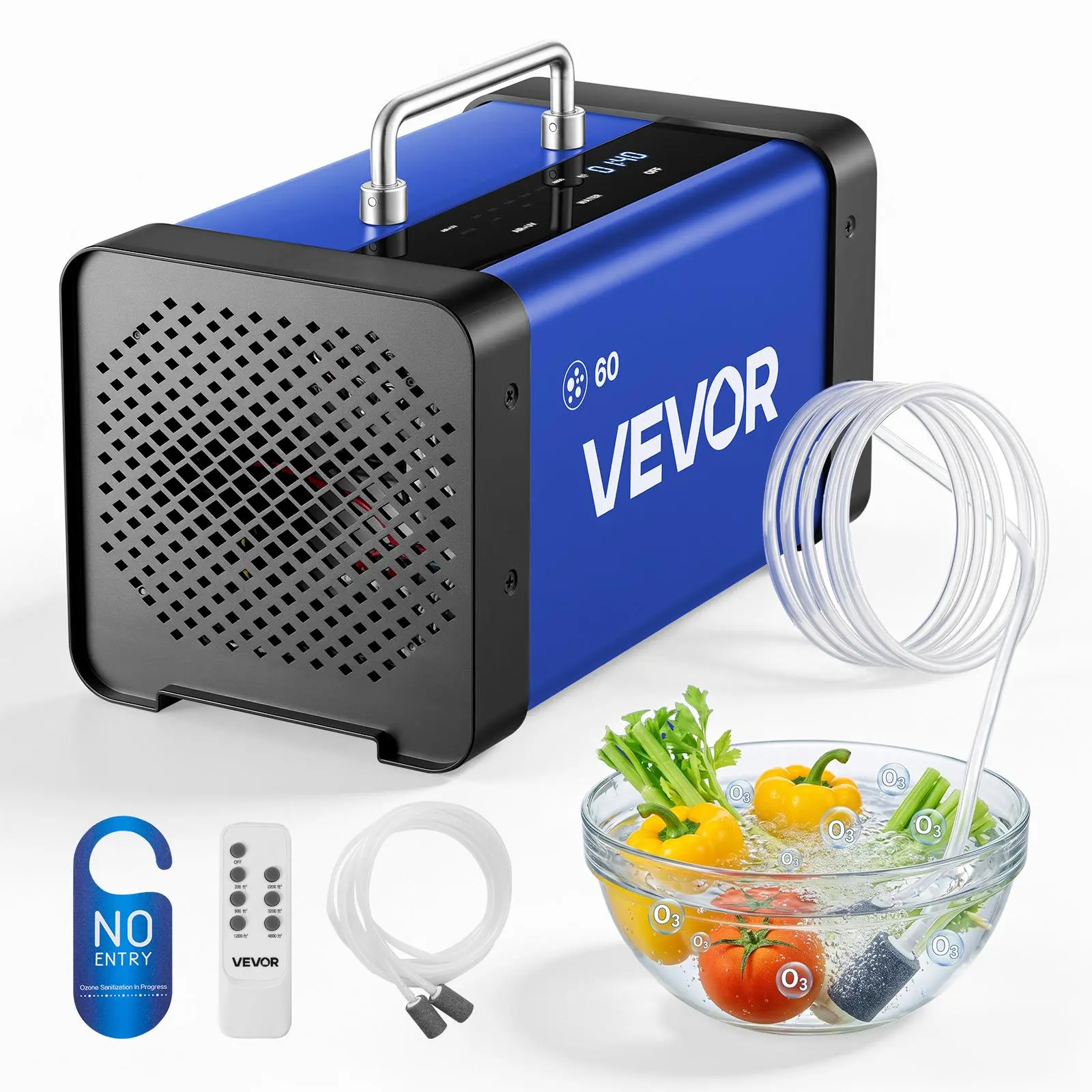 VEVOR 60000mg/h Commercial Ozone Generator Ionizer, with 15s Delayed Start, Dual-Hose Water Mode & LCD Touchscreen, Industrial Deodorizer for Car, Home Odors, Covers Up to 4800 sq.ft | Father's Day Gift