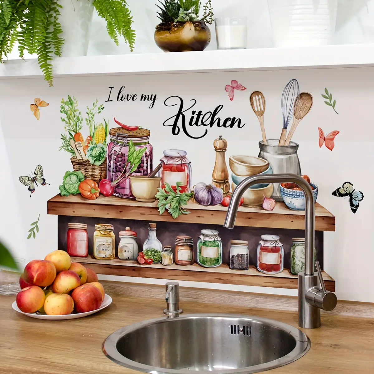 A hand-painted kitchen seasoning shelf butterfly Decorative wall sticker for dining room and kitchen background decoration Wall Stickers Decor Household Decoration Supplies Home Decor Wall Decal Decoration Items (30*60cm) M18028-KL
