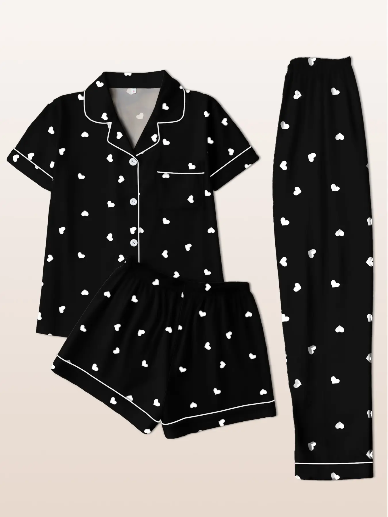 Women's Sleepwear Set, Short-Sleeve Lapel Button Top with Shorts and Pants, Heart Print, Casual Fitted Loungewear for All Seasons