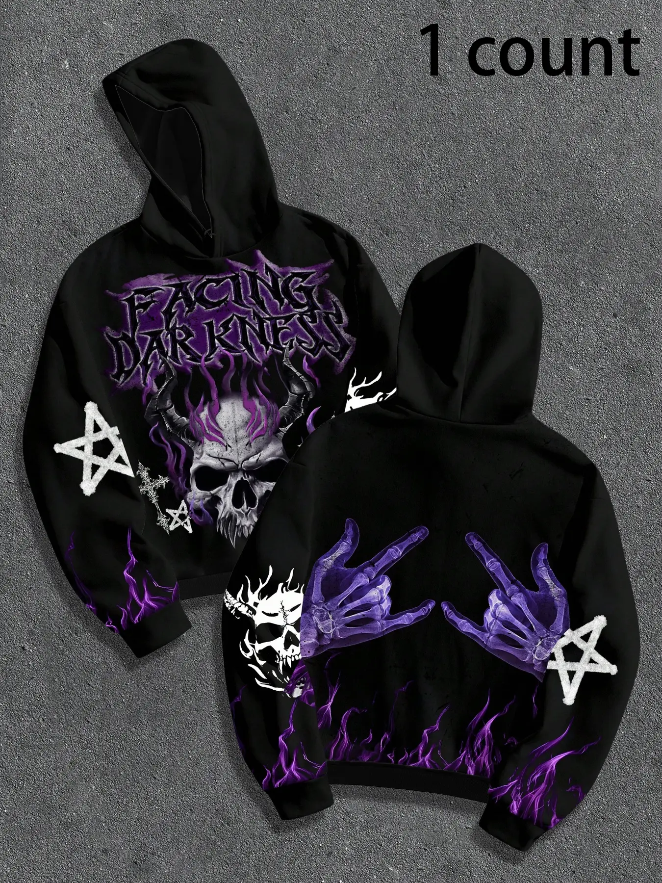 Men's autumn and winter hooded sweatshirt, Long sleeve, with a purple skull pattern print, featuring skull culture, with cord fasteners and kangaroo pocket design, suitable for daily outings, comfortable fabric, street fashion, versatile, hip-hop