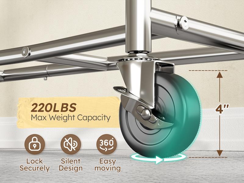 BePatio Clothing Rack for Drying,  Extendable & Height Adjustable Coat Clothing Rack with 4 Hooks for  Bedroom,Laundry,Outdoor,Clothing Store, Clothes Racks for Closet Holds Up to 220LBS,Portable Rolling Garment Rack with Lockable Wheels