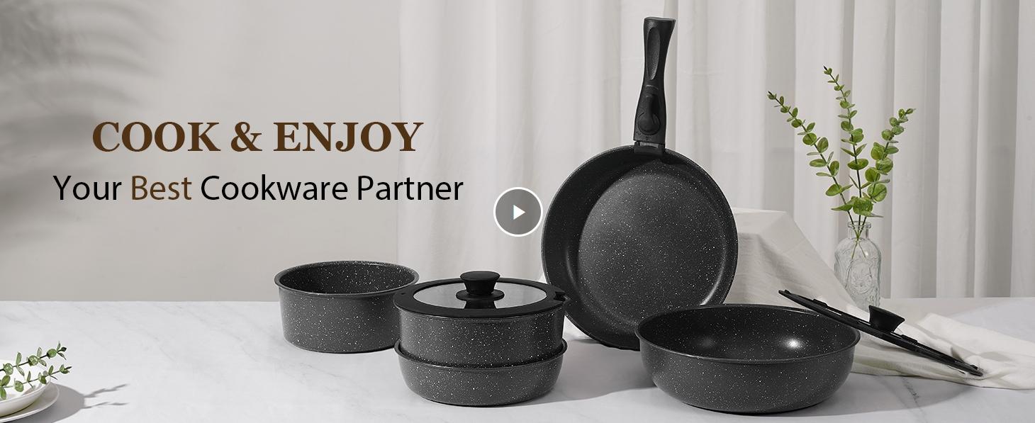 SODAY 15pcs Pots and Pans Set Non Stick, Cookware Sets with Detachable Handle, Nonstick RV Kitchen Cooking Set Removable Handles, Oven Safe,Stackable, Frying, Kitchenware,stock up on specials,Valentines Day gifts