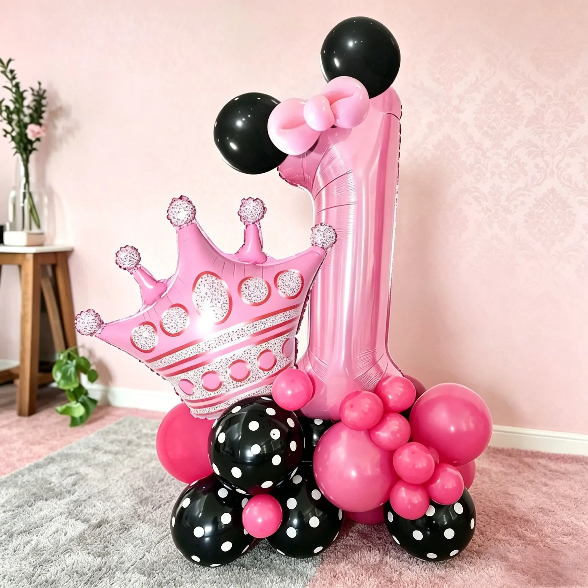 32-Piece Princess Theme Magical Balloon Set, Party Balloons Decorations, Includes Pearl Finish Number Balloons, Crown Balloons, Polka Dot Latex Balloons, Long Strip Balloons