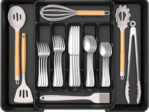 Extra Large Expandable Silverware Organizer, BPA-Free Food-Safe Cutlery Flatware Organizer, Kitchen Utensil Drawer Organizer, Adjustable Silverware Holder for Spoons Forks Knives, Black