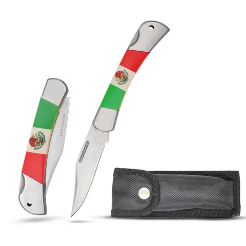 Unisex Snake Eye EDC Portable Pocket Knife - 8.75-in Lock Back Folding Knife with Stainless Steel Blade, Heavy-Duty Handle, Carrying Case, Bold Mexico Flag Design, All Metal Tool, Durable Outdoor Tool, Survival Supplies for Camping Carving