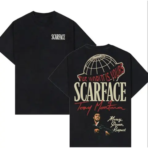 FEEGO Men's Graphic T-Shirt Round Neck Short Sleeve - Scarface Tony Montana "The World Is Yours" Movie Tee, 100% Cotton Soft Casual Streetwear Y2K Crewneck for Fans & Gifts