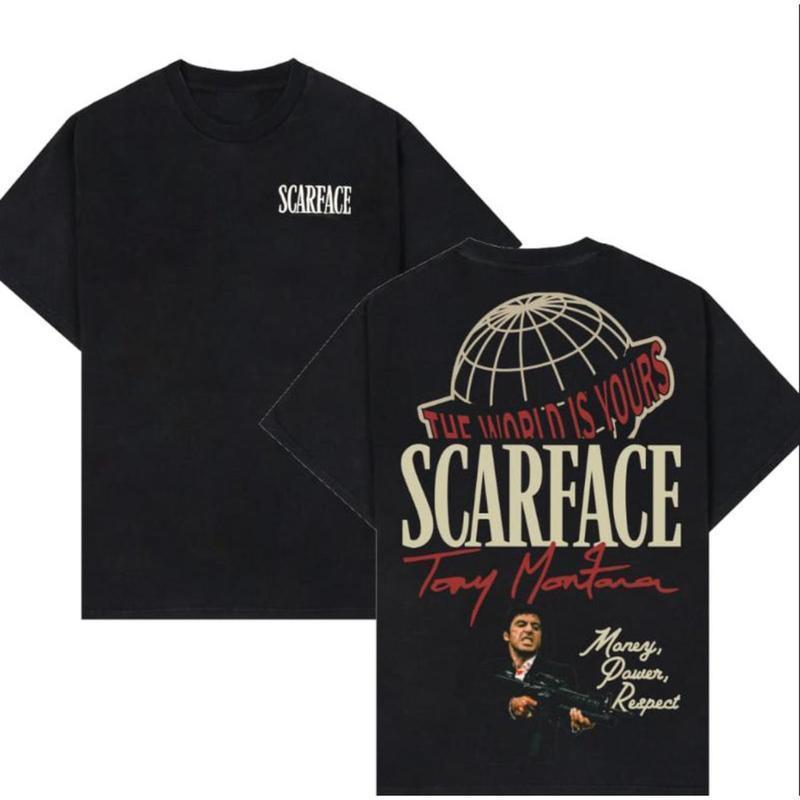 FEEGO Scarface Two Sides Graphic Tee - The World is Yours Design with Tony Montana Iconic Image Perfect for Movie Fans and Streetwear Enthusiasts Menswear Casual Crewneck Tshirt  Pure Cotton Y2K Streetwear Tee good  graphic  tees gifts for him 052
