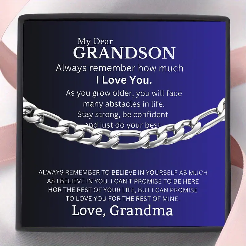 To My Grandson, Birthday Gift From Grandma, Cuban Bracelet Gift, Birthday & Christmas Gift, Gift Card with Text, Gift Box Packaging