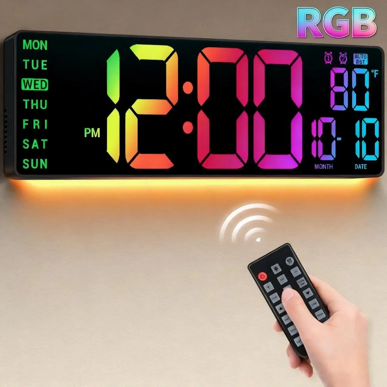 16.5" Large LED Display Digital Wall Clock - Multifunctional Alarm Clock, RGB Lights, Remote Control, 11 Color Modes, Easy Reading, Dual Alarms, Temperature, Auto DST, Home Supplies for Gaming Room Decor, Clock Automatic,Back to School