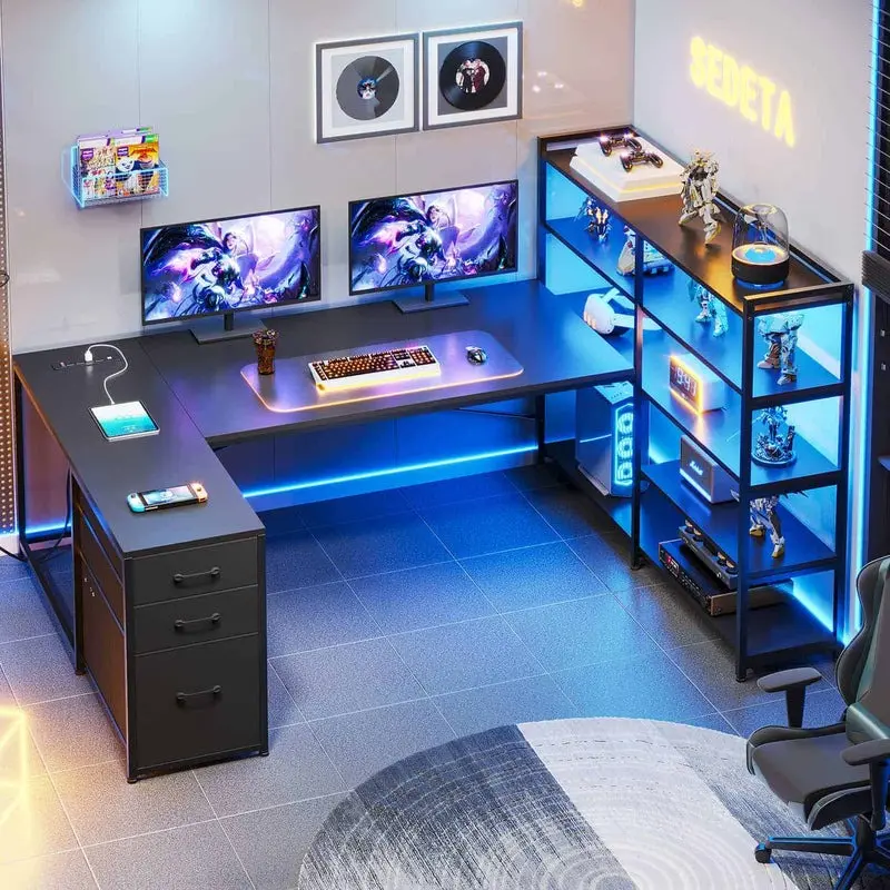 Sikaic 64.5 Inches Reversible U Shaped Desk with Storage Shelves & 3 Drawers Power Outlet LED Strip Ergonomic Computer Desk Adjustable Monitor Mount, Home Furniture, Dorm Essentials [tiktokshopbacktoschool]