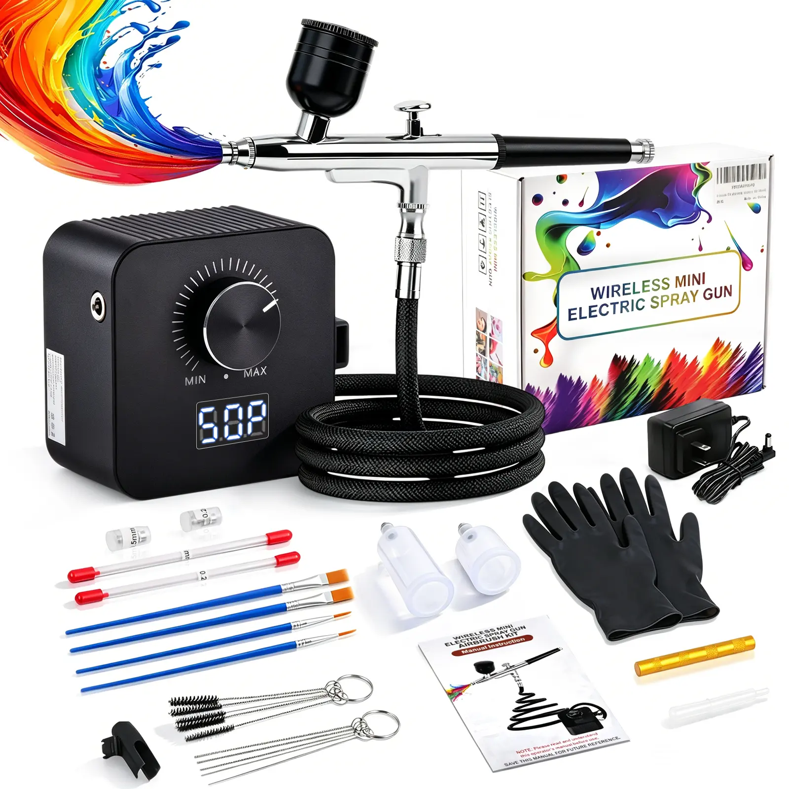 High Pressure Non-Clogging Airbrush Kit with Air Compressor, 20-50 Adjustable PSI, LED Display, 3 Nozzles | Portable Precision Spray Tool For Art Painting, Nails Art, Coloring, Beauty, Toys & 3D Model Painting – Professional Air Brush Paint Set
