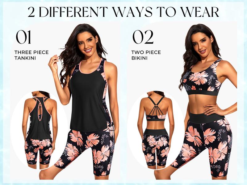 Tempt Me Women Three Piece Tankini Swimsuits - Athletic Bathing Suits Swim Tank Top with Boy Shorts and Bra Modest Swimwear