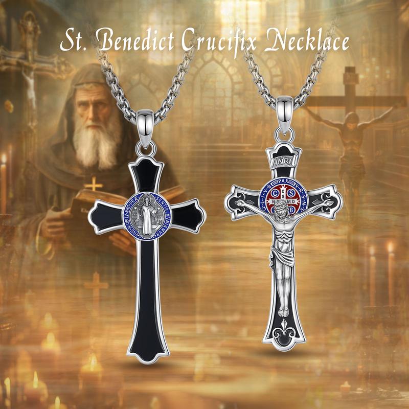 Eudora S925 Sliver St Benedict Pendant Necklace, San Benito Cross Medal for Him, Vintage Saint Benedict Amulet, Catholic Protection Amulet, Christian Jewelry Gift