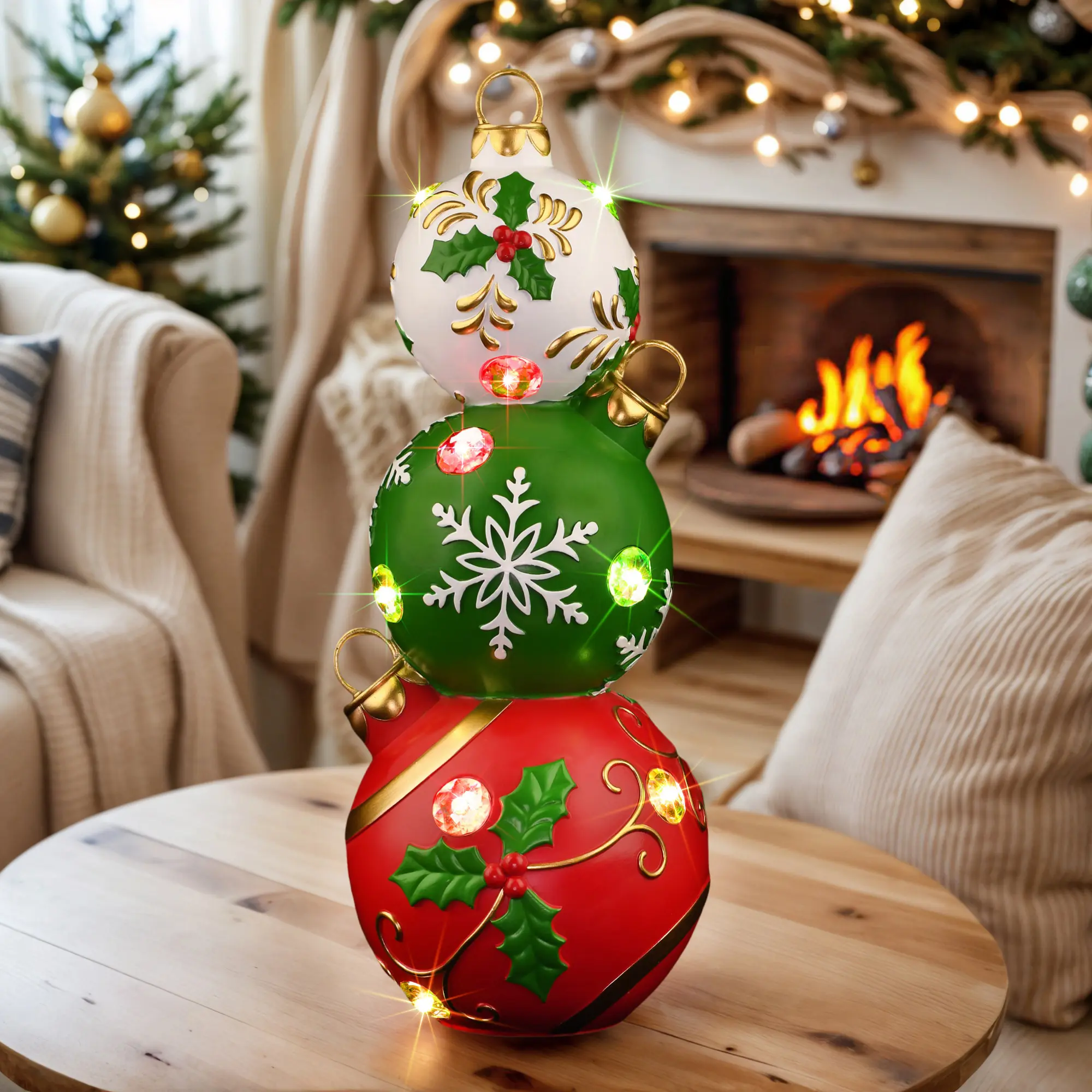 16" (40cm) Indoor Color-Changing Stacked Christmas Ball Ornament – Snowflake Holiday Decoration with LED Lights, Led Mood Light, Christmas Decorations