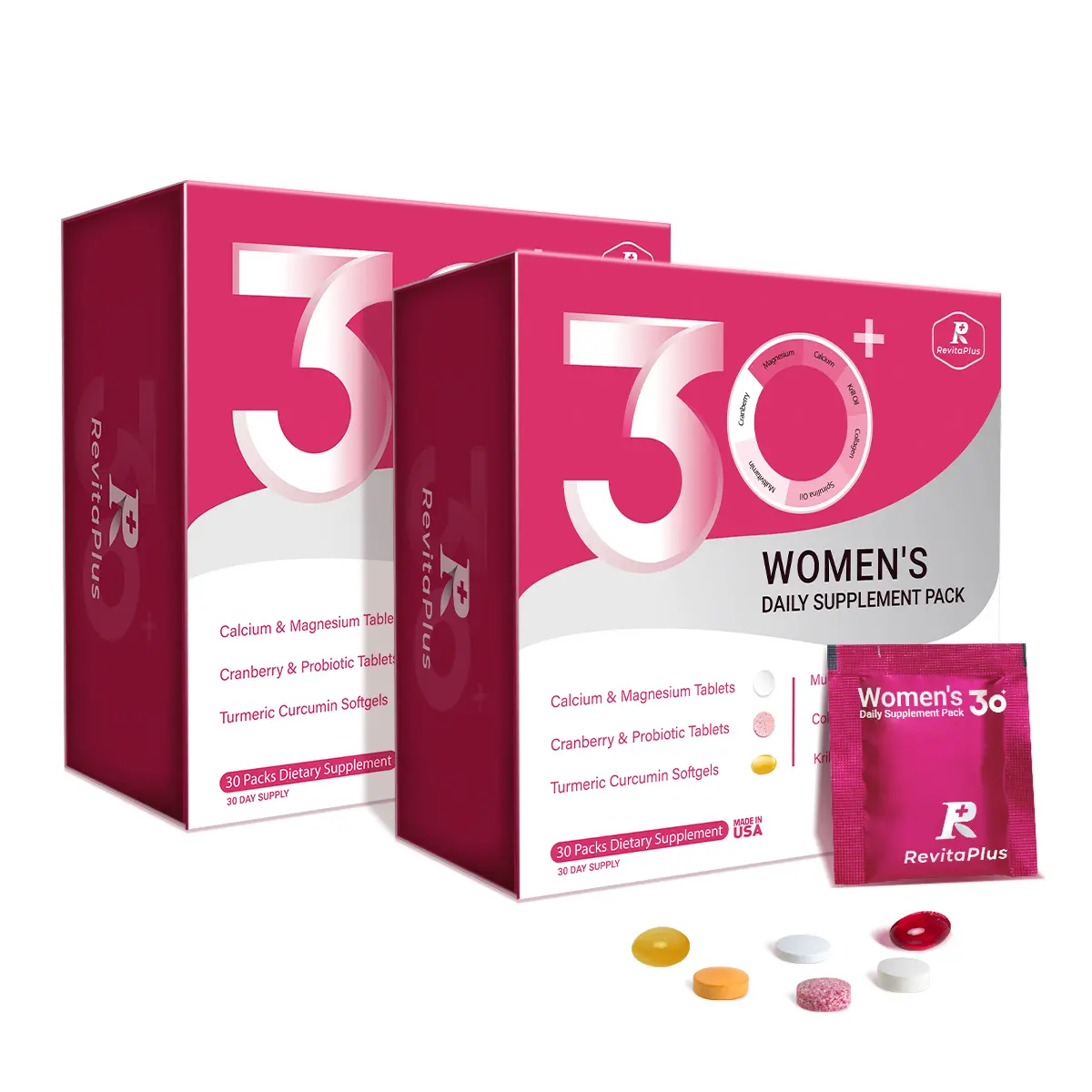 RevitaPlus Beautypack Women’s Daily Supplement Pack Multivitamin Calcium Magnesium Cranberry Probiotics Turmeric Collagen Krill Oil for Skin Hair Anti-aging Stress Support 30-Day Wellness Dietary Collagen - Collagen