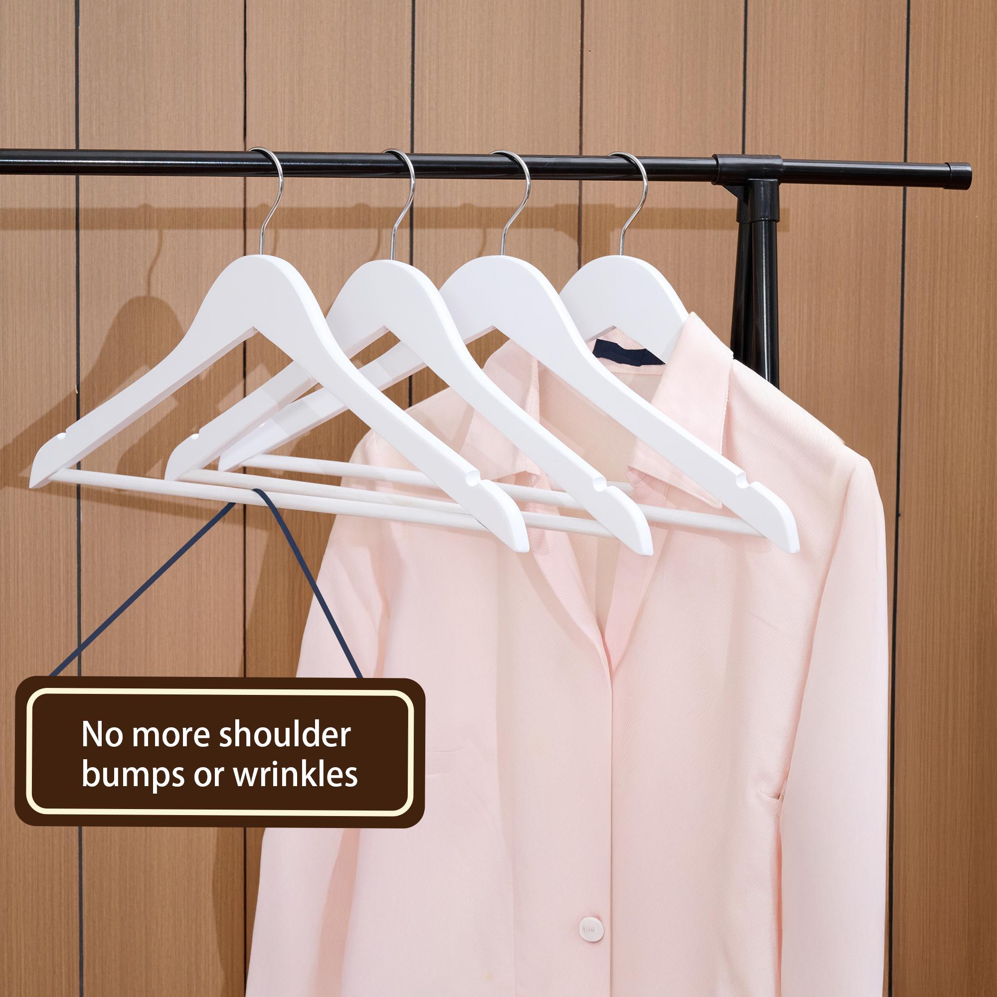 BePatio 17.32in" Soild Wooden Coat Hangers,10~30 Pack Clothes Hangers ,Natural Wood Suit Hangers with Non Slip Pant Bar & 360 Degree Rotatable Hook ,Clothes Hangers for Shirts, Jackets, Dress, Pant, Perfect for your closet.