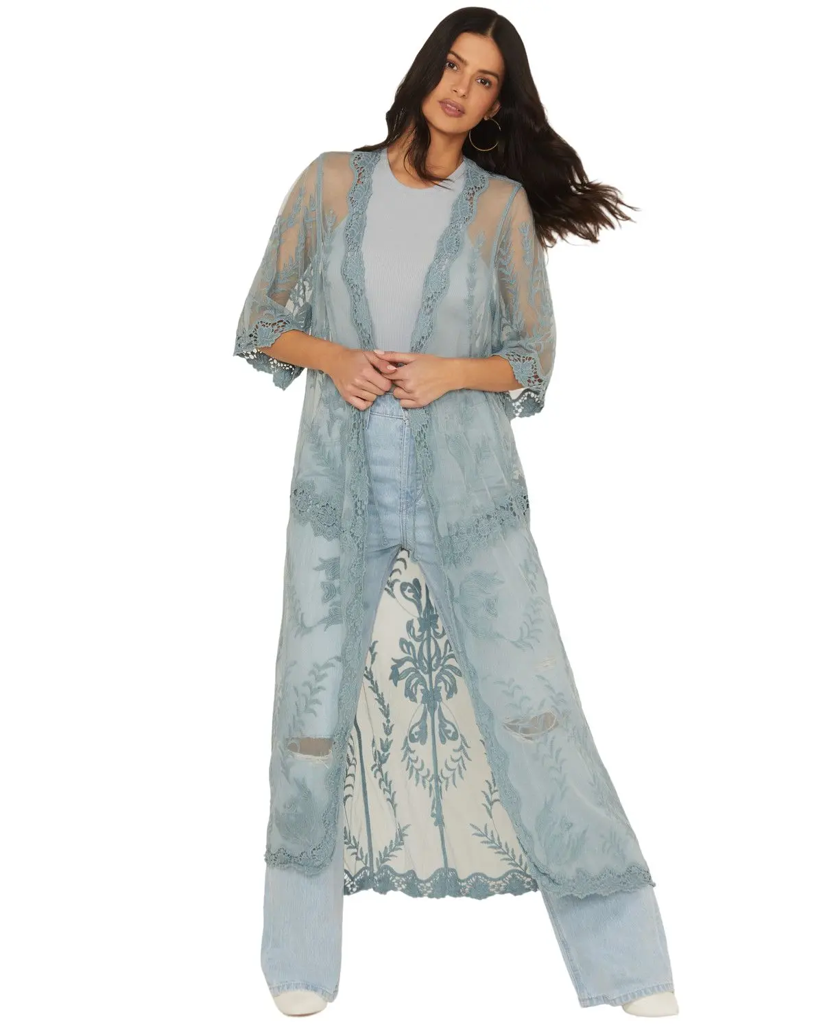 Shyanne Women's Women'S Long Embroidered Mesh Kimono - Swho24v67-Aqu