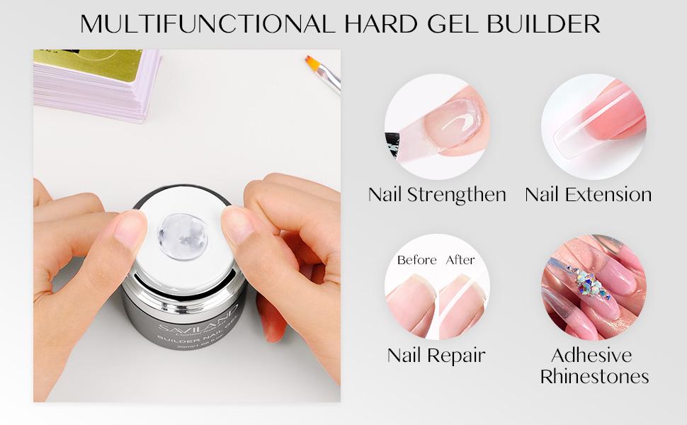 SAVILAND Builder Nail Gel with Air Cushion Design, Clear Hard Gel for Nails Extension Gel, Builder Base Nail Gel & Strengthener Gel Nail Art Manicure Set with 100pcs Nail Forms and Acrylic Brush Nail Care Nail Polish Cutics Cosmetic