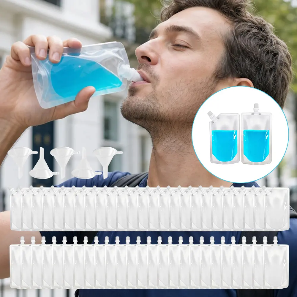 50 Pack Reusable Drink Pouches with 5 Funnels, 8 oz Collapsible Beverage Bags, Leak Proof BPA Free Food-Grade, Refillable Pouches for Camping, Hiking, Pool Party, Festival Essentials & Cruises