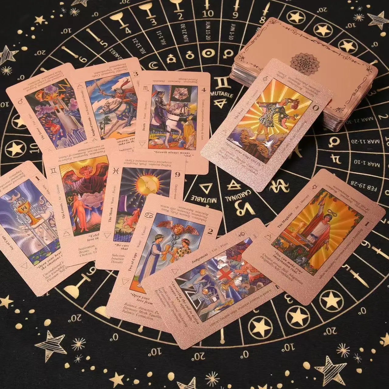 SDIK&SSIK Rose Gold Durable Tarot Card Decks for Beginners - Waterproof, Wrinkle-Resistant Foil Set with Guide Book, Affirmations Cards Covering Chakras, Planets, Zodiac Signs, Elements, Durable Tarot Cards