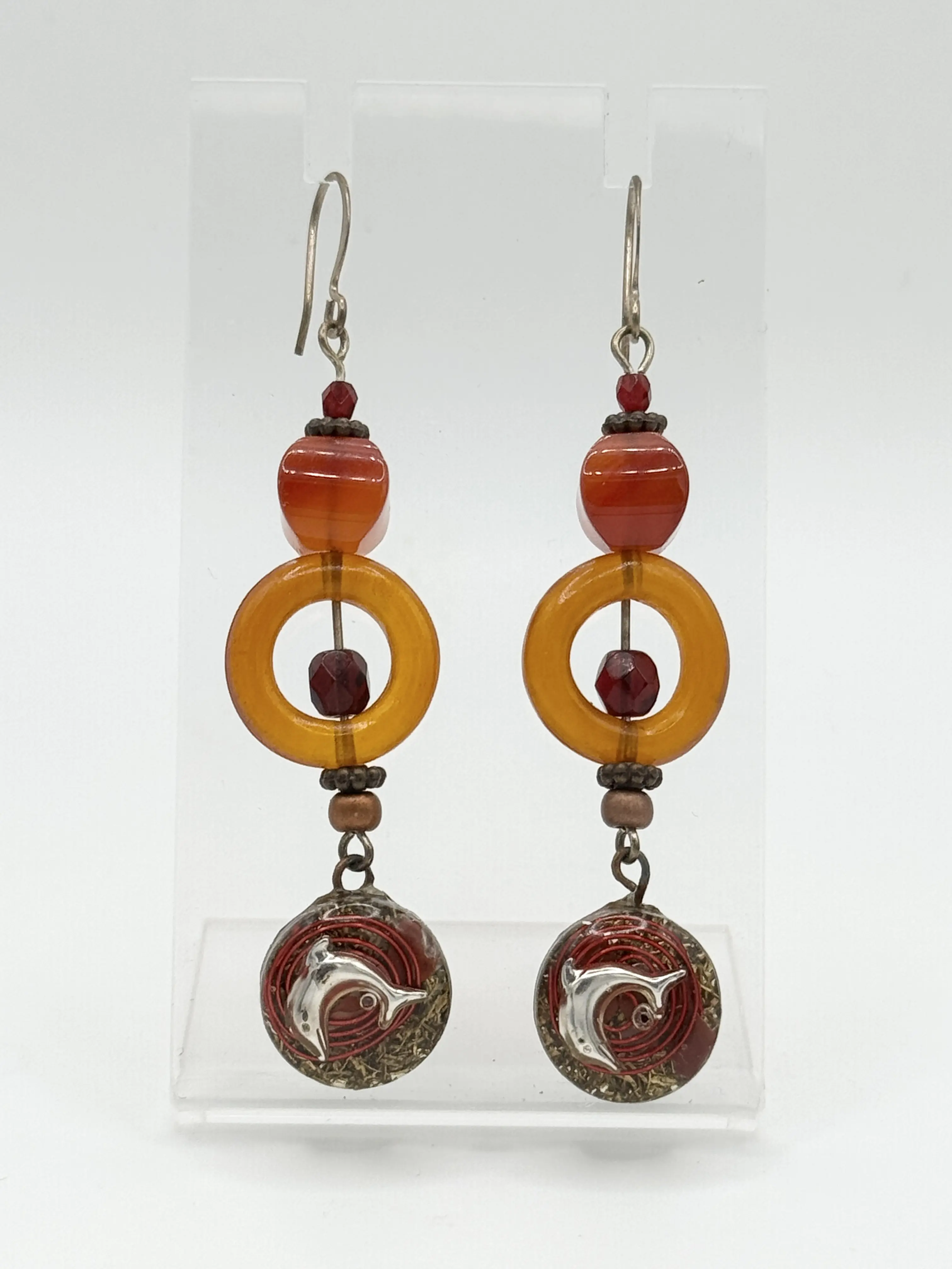 Handmade Orgone Dangle Earrings | Red Agate & Amber, Silver Dolphin — One of a Kind