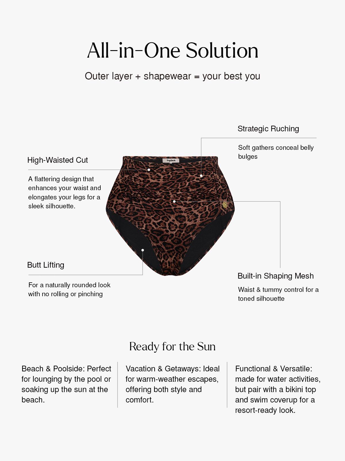 Popilush Shapewear Ruched Tummy Control Bikini Bra & Underwear Swimwear Beachwear Leopard Print Fashion Beach Outfits