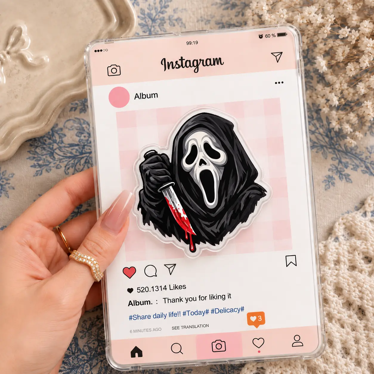 Scary Movie Monster Holding Bloody Knife Acrylic Phone Grip Mobile Stand