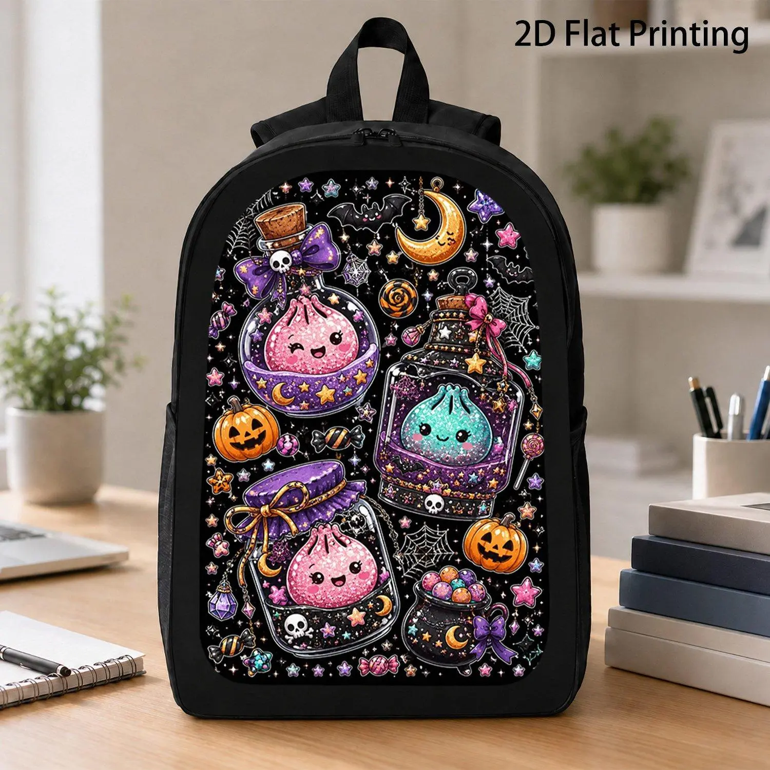 17 Inch Backpack Onepc Lovely Dumpling Magic Potion Jar Bat Moon Candy Spider Web Halloween Glitter Graphic Lightweight Spooky Season Trendy Daily School Travel Bag