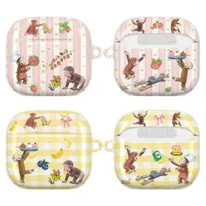 Cute Curious George AirPods Case | Coquette Strawberry & Banana AirPods Cover for AirPods 4 Airpods 3 AirPods 1st Gen 2nd Gen Airpods Pro 2 AirPods Pro Gen 3 | Gingham Bow Girly Aesthetic Gift for Her Women Girls