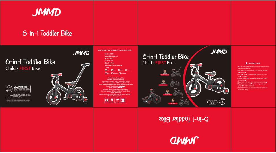 【ChristmasGifts】JMMD 6-in-1 Multi-Functional Toddler Balance Bike (18-60M) - Kids Outdoor Toys with Training Wheels, Pedals, Push Handle, Brakes, Kickstand, Unisex Ride-On for Christmas, First Birthday Gifts, Baby Bicycles